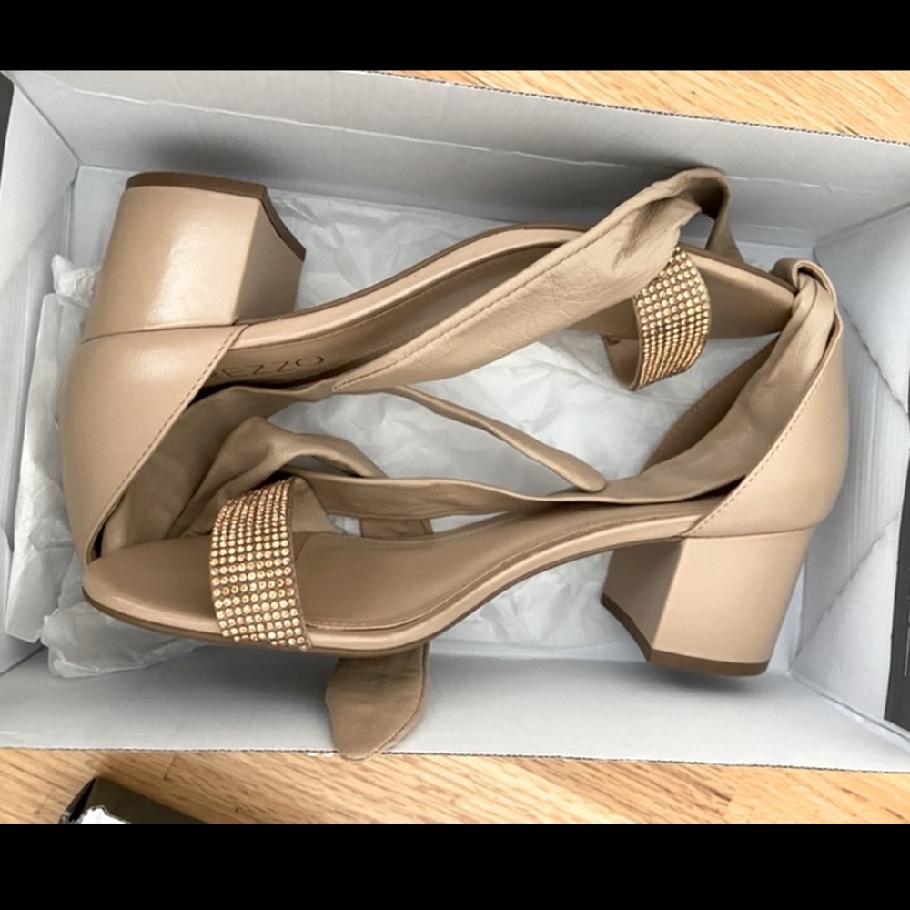 Arezzo Heels Shoes Block Rose Gold Sparkle Rhinestones Ankle Bow Tie 6 Leather